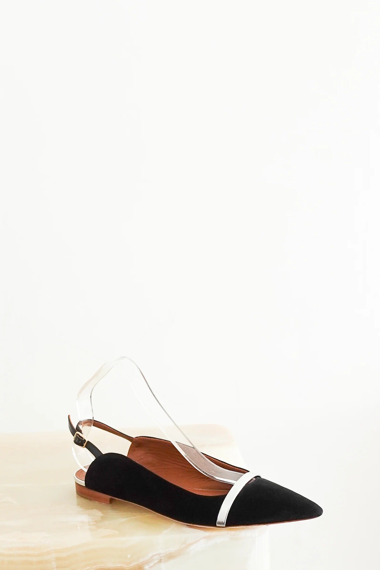 Malone Souliers Black and Silver Slingback Flats with a Pointed