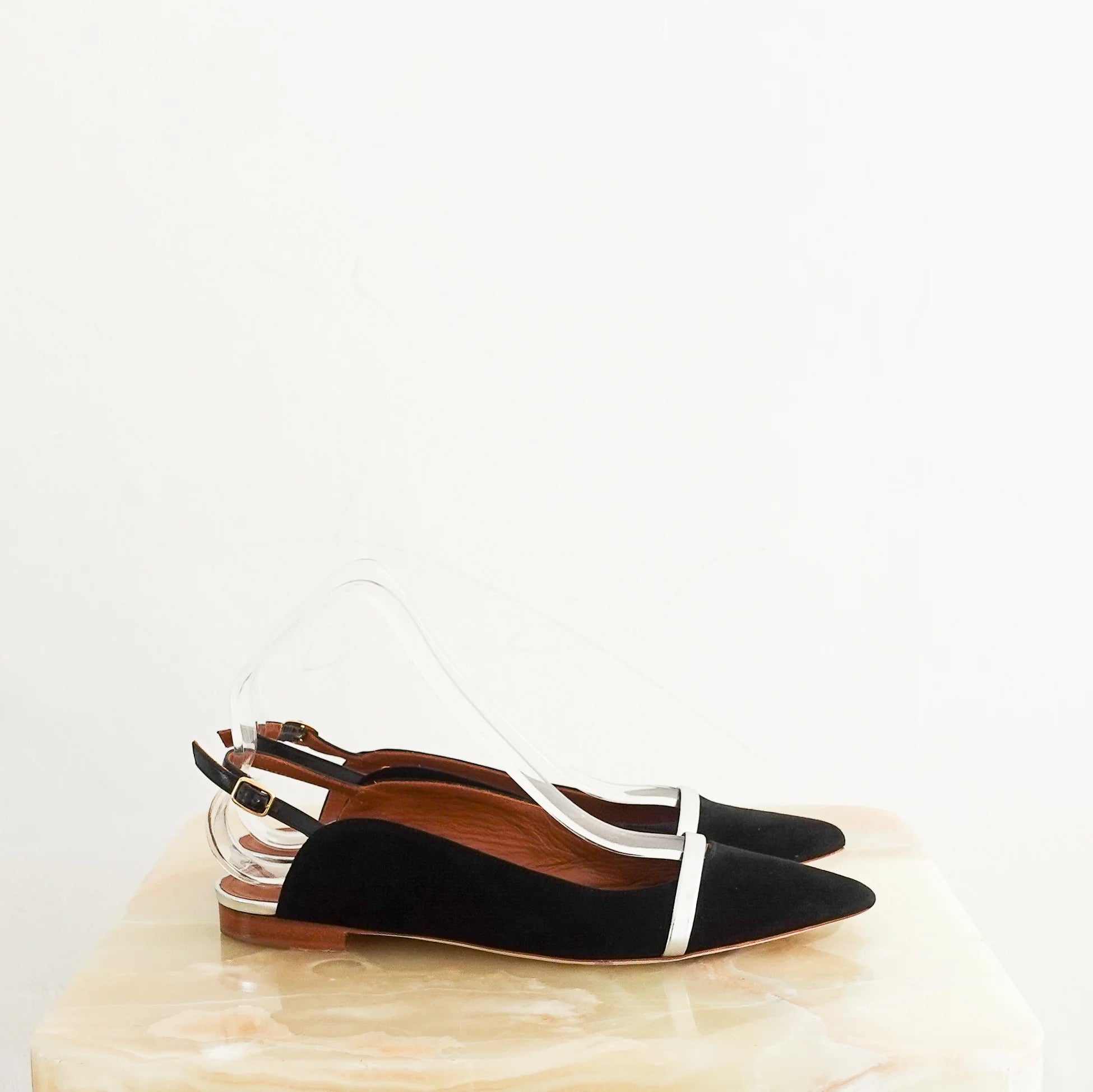 Malone Souliers Black and Silver Slingback Flats with a Pointed
