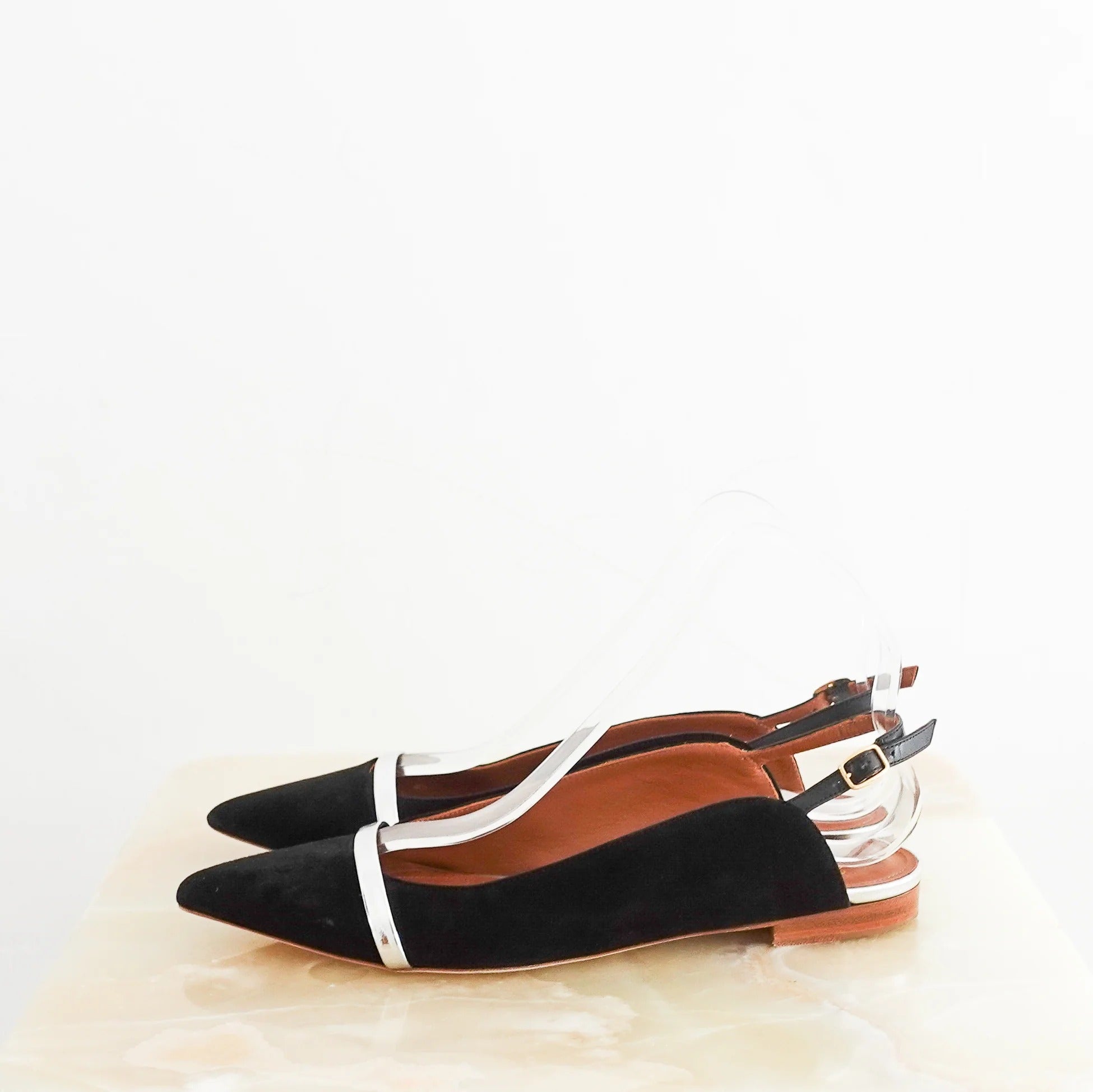 Malone Souliers Black and Silver Slingback Flats with a Pointed